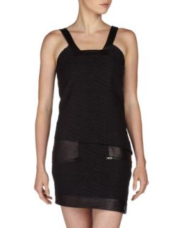 Lambskin Trim Asymmetric Zip Pocket Dress, Black