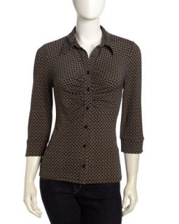 Ruched 3/4 Sleeve Print Shirt, Black/Khaki