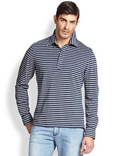 ISAIA Striped Cotton Polo Shirt   Navy
