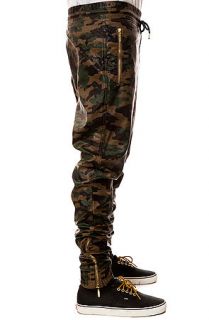 Ages Pants Vegan Leather Joggers in Dark Wood Camo Green