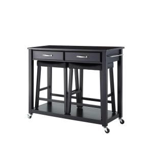 Crosley 42 in. Solid Black Granite Top Kitchen Island Cart with Two 24 in. Upholstered Saddle Stools in Black KF300544BK