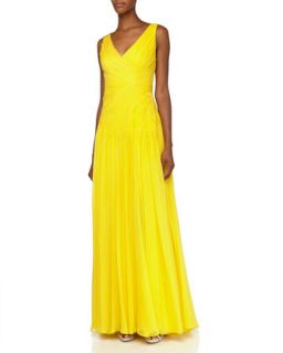 V Neck Pleated Chiffon Gown, Yellow