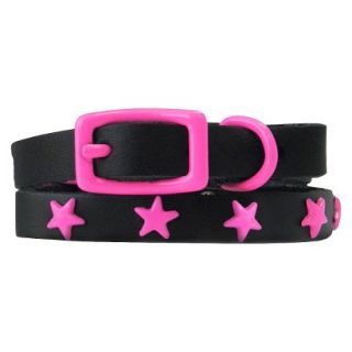 Platinum Pets Black Genuine Leather Cat and Puppy Collar with Stars   Pink (7.
