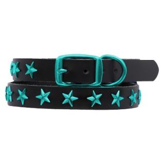 Platinum Pets Black Genuine Leather Dog Collar with Stars   Teal (11   15)
