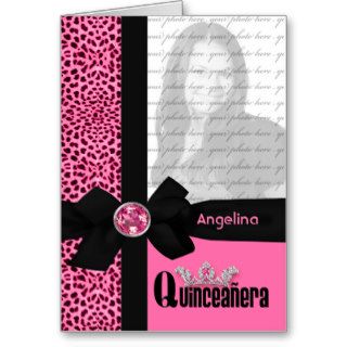 Quinceanera Photo Invitation Pink Cheetah Print Greeting Cards