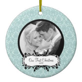 First Christmas Photo Ornament Blue Damask