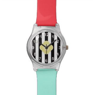 Black White Stripe Khaki Quatrefoil Monogram Wrist Watch