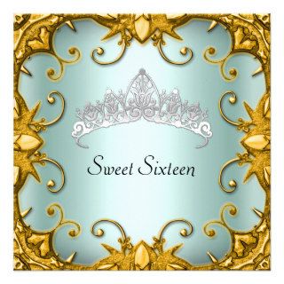 Teal Sweet 16 Birthday Party Gold White Tiara Custom Invites