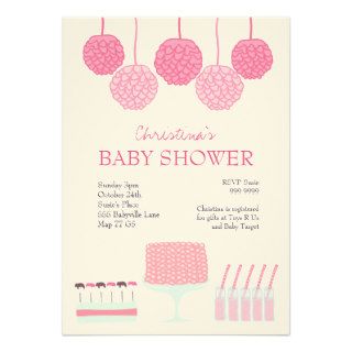 Baby Shower Pink Party Ruffle Cake Pom Poms Invite