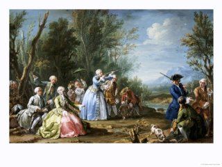 TTwo Court Ladies Out Shooting with Their Retinue in a Wooded River Landscape Giclee Print Art (24 x 18 in)  