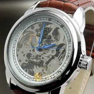Clock Hours Dial Silver Mechanical Automatic Leather Unisex Wrist Watch Wt027 From Thailand. 