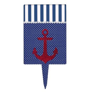 Blue & White Polka Dots Stripes Nautical Anchor Cake Topper
