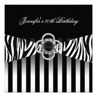 40th Birthday Zebra Black White Stripe Diamond Custom Invitations