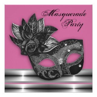Elegant Pink Black Masquerade Party Invitations