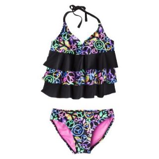 Girls 2 Piece Ruffled Peace Sign Tankini Swimsuit Set   Multi XS