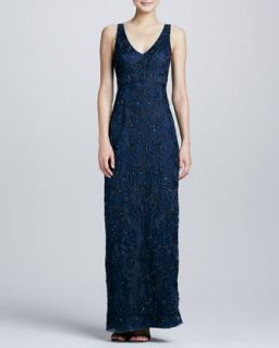 Womens Embroidered V Neck Gown, Navy   Sue Wong