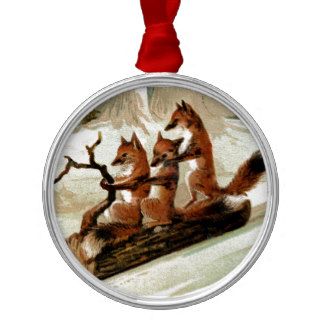 Fox Sleigh Ride Vintage Print Christmas Tree Ornaments