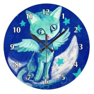 Finger Painted Kitty Cat On Moon With Stars Wallclocks