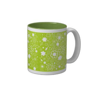 White and Lime Green Floral Pattern Mugs