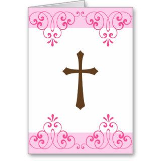 Brown cross pink lace damask first communion greeting cards