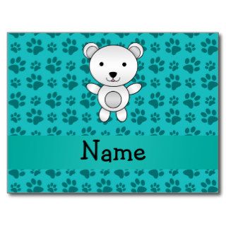 Personalized name polar bear turquoise paw pattern postcard