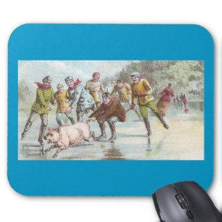 Pig Pulls Ice Skater Across Pond Mouse Pads