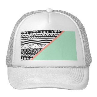 Black White Aztec Pattern Mint Green Color Block Trucker Hats