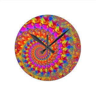 Hippy Fractal Pattern Pink Turquoise & Yellow Round Wall Clock