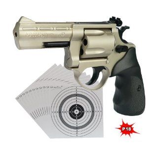 Druckluft Revolver ME 38 Magnum 4,5D, Kaliber 4,5mm .177 Diabolo   vernickelt   (321811) + 25 original ShoXx.® shoot club Zielscheiben mit 250 g/m²   (P18) Set Sport & Freizeit
