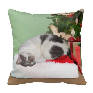Christmas, Sleeping Cat, Santa Hat Throw Pillow