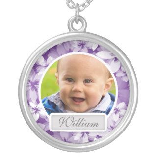 Baby Photo With Name Floral Frame Purple Necklace