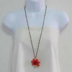 Brass Red Coral Cotton Rope Floral Necklace (Thailand) Necklaces