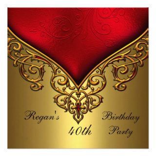 Red Gold Jewel 40th Elegant Birthday Party Personalized Invites