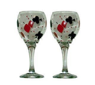 ArtisanStreet's Set of 2. Playing Cards Design Wine Glasses. Hand Painted Kitchen & Dining