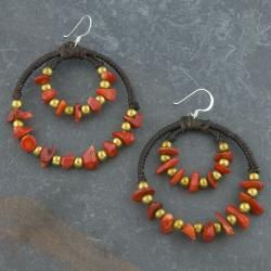 Brass Beads and Cotton Red Coral Threaded Earrings (Thailand) Earrings