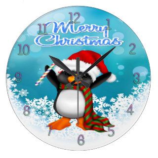 Merry Christmas Penguin Round Wall Clock