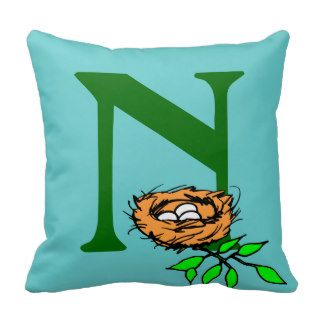 Monogram initial letter N, cute birds nest custom Pillow