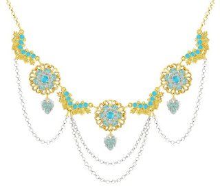 Necklace Designed by Lucia Costin with Lace Like Pattern, 6 Petal Flowers and Leaf Ornaments, Accented with Falling Chains, Turquoise and Mint Blue Swarovski Crystals; 24K Yellow Gold Plated over .925 Sterling Silver Lucia Costin Jewelry