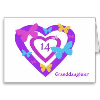 Granddaughter 14th birthday, hearts & butterflies greeting cards