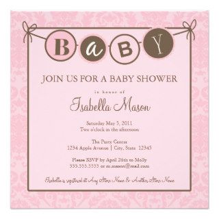 Square Pink Damask  Baby Shower Invite