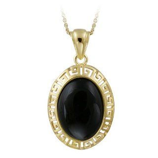 Glitzy Rocks 18k Gold over Sterling Silver Oval Onyx Greek Key Necklace Jewelry