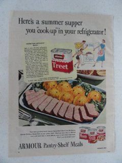 Armour Pantry Shelf Meals. Vintage 50's full page print ad. Color Illustration (Here's a summer supper you "cook up" in your refrigerator) Original vintage 1951 Woman's Day Magazine Print Art.  