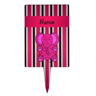 Personalized name pink elephant pink black stripes cake picks