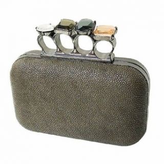 Luxury Divas Pewter Gray Jeweled Knuckled Ring Clutch Evening Bag Shoes