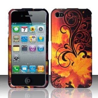 Apple iPhone 4 & 4S Protector Case COMPATIBLE RUBBERIZED ORANGE CASE IN PERSONAL STYLISH / GOLDEN LEAVES DESIGN SERIES J8 for AT&T, Verizon, and Sprint Cell Phones & Accessories