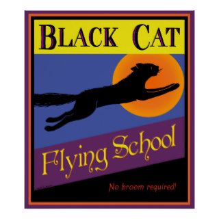 Black Cat Flying School Vintage Halloween Poster