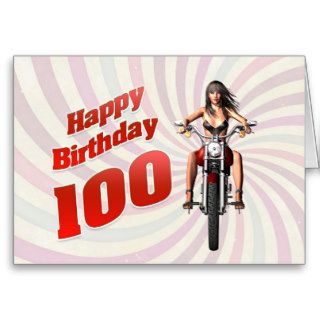 100th Birthday card with a motorbike girl