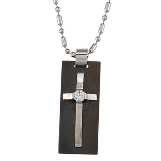 Stainless Steel Two Tone Black Cross with Center Crystal Necklace Religious Necklaces