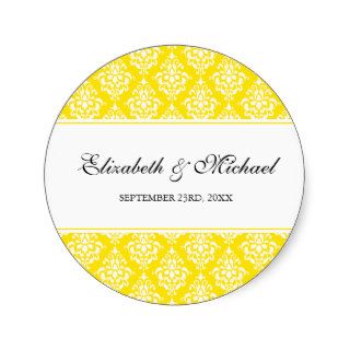 Yellow Damask Round Wedding Favor Label Stickers
