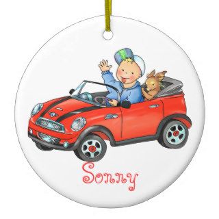 Boy Driving Red Toy Car Ornament